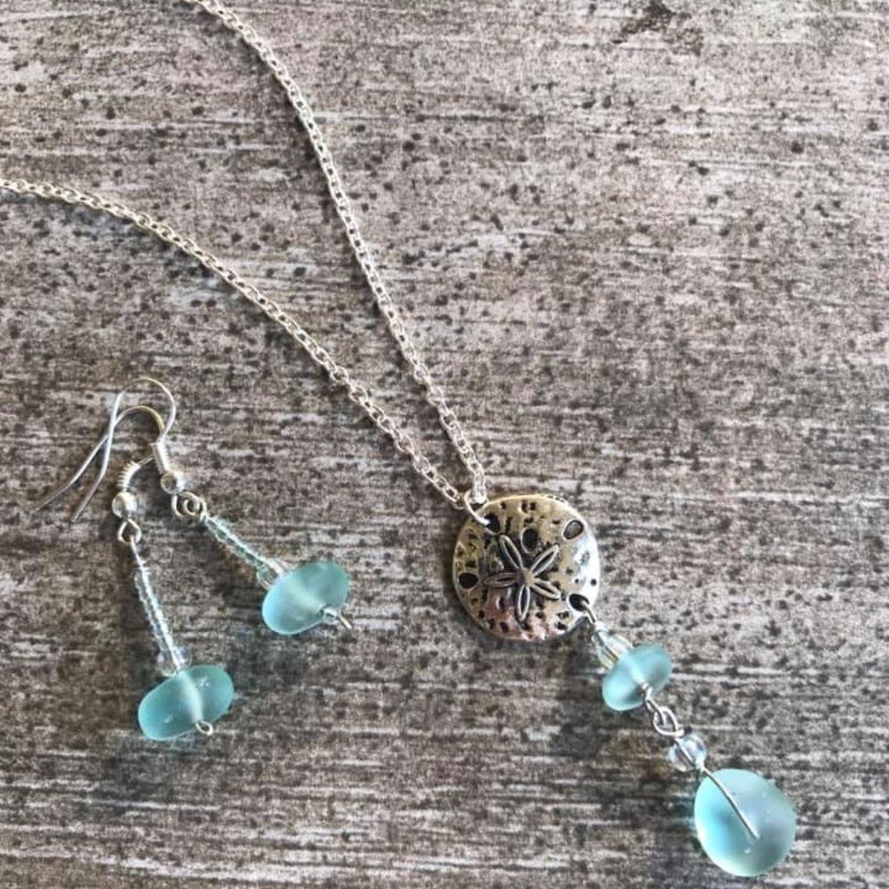 Sterling Silver Sand Dollar Blue Sea Glass Necklace Earrings Beach Ocean Mermaid - Picture 5 of 5